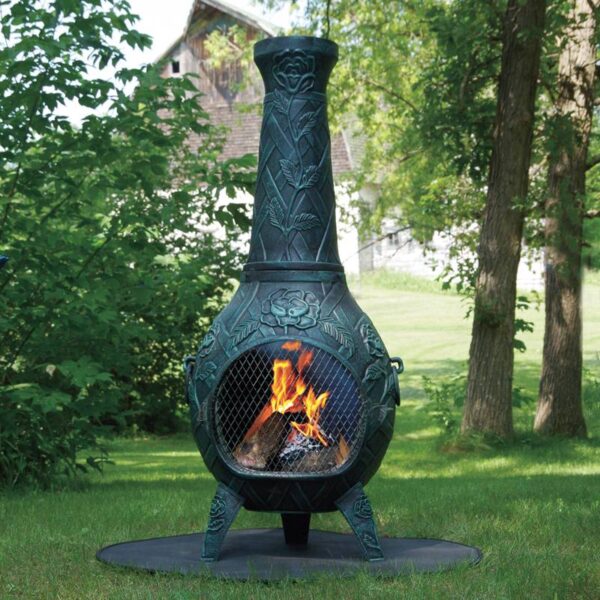 blue rooster rose chiminea green accent
