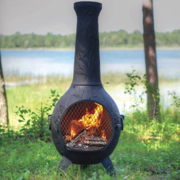 orchid chiminea with lake in background